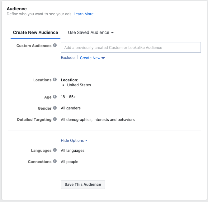 segmenti di pubblico del gestore degli annunci di facebook