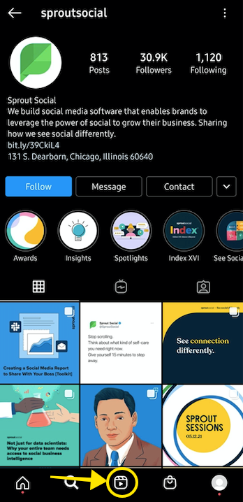 στιγμιότυπο οθόνης της διεπαφής κινητού Instagram που δείχνει την πλοήγηση των κυλίνδρων