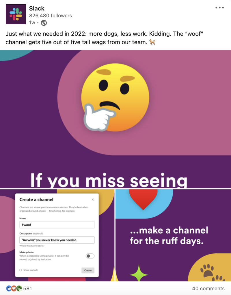 Screenshot di un post che Slack ha pubblicato sul suo LinkedIn