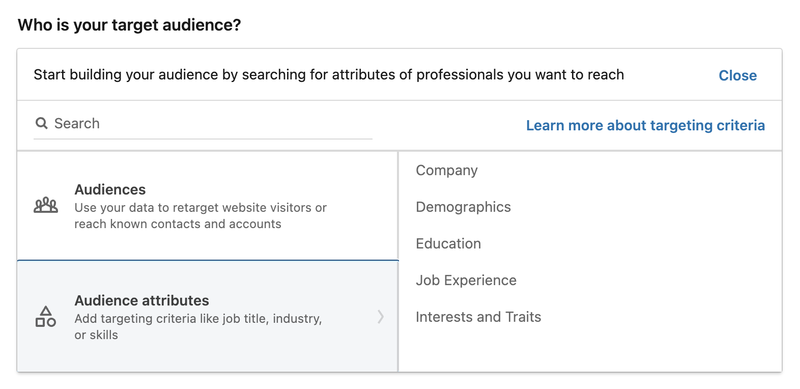 Screenshot del generatore di pubblico di destinazione in LinkedIn