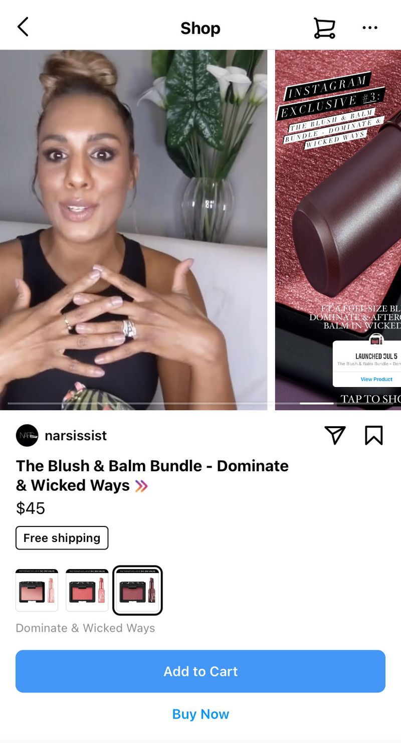 Un esempio di Instagram Checkout, mostrato attraverso un articolo in vendita sul marchio di cosmetici Colourpop