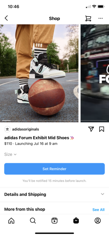 Una pagina del prodotto Instagram Drops che mostra un