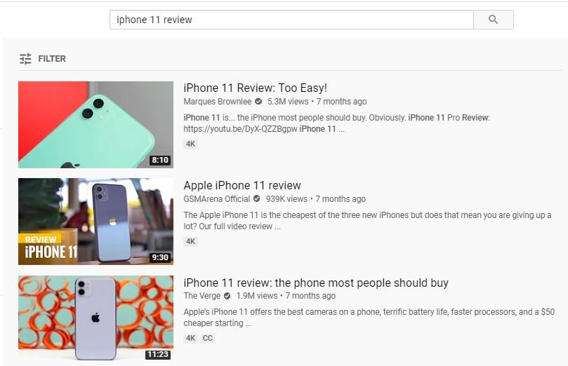 risultati di ricerca di YouTube per iPhone 11 con miniature accattivanti come parte della strategia di marketing di YouTube
