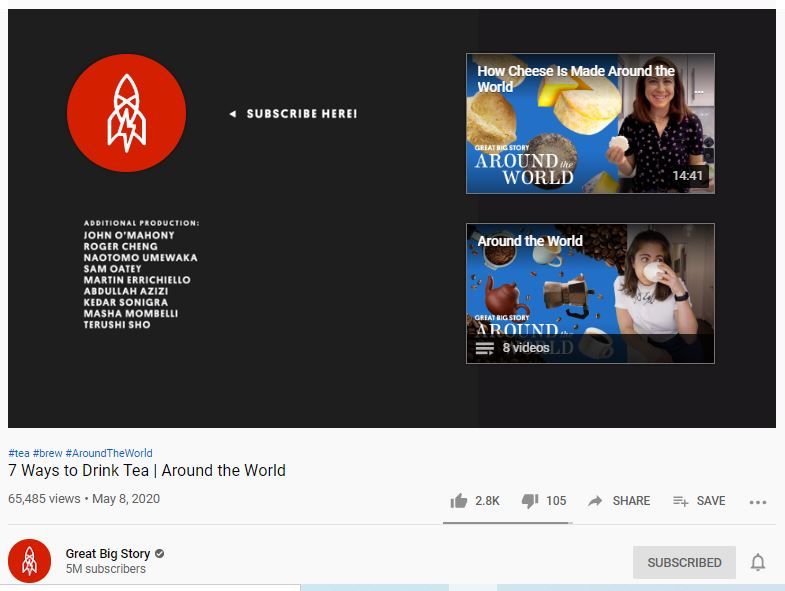 grande grande storia che consiglia altri video alla fine di un video di YouTube come parte della loro strategia di marketing di YouTube