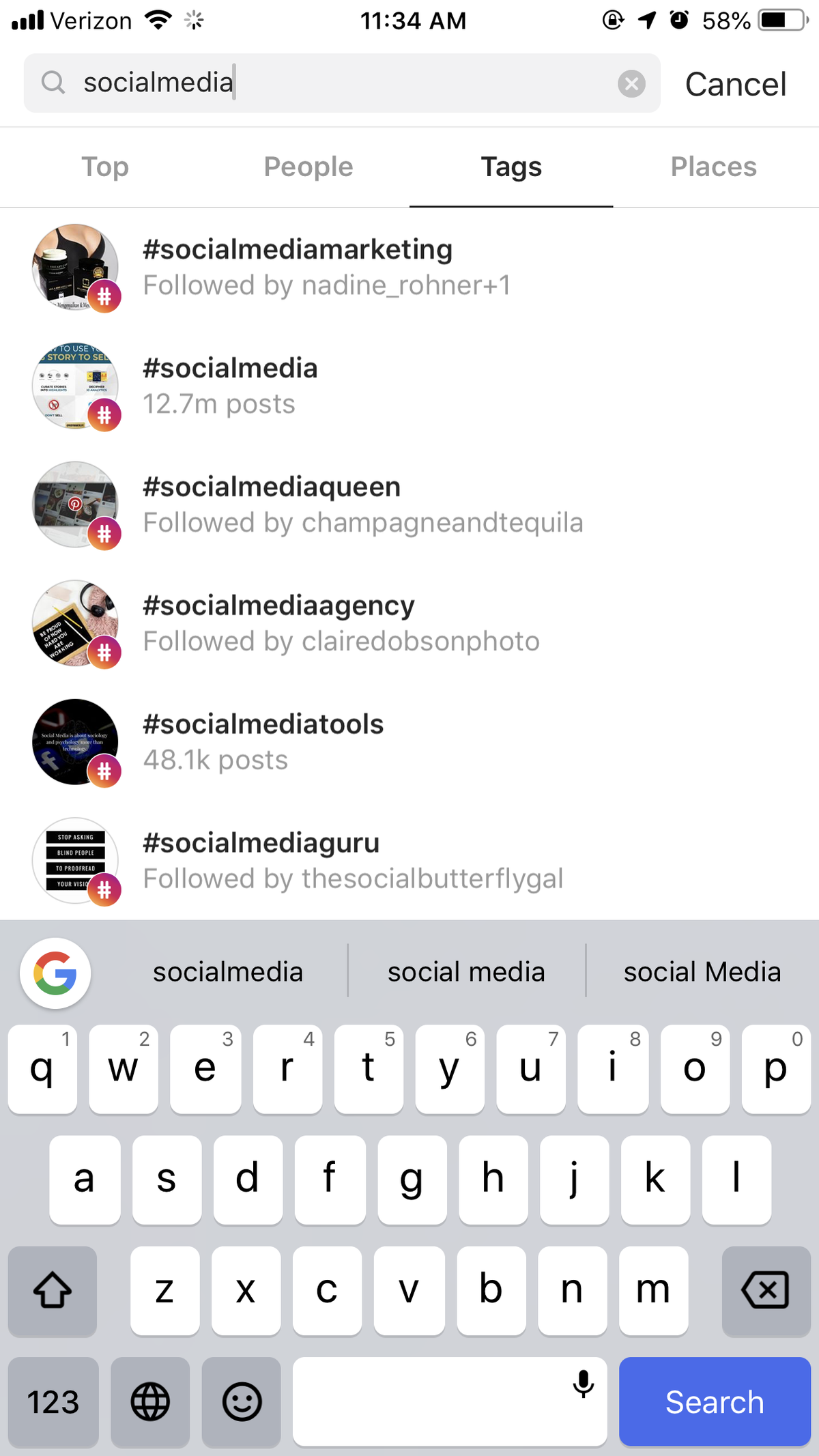Screenshot della ricerca di tag su Instagram