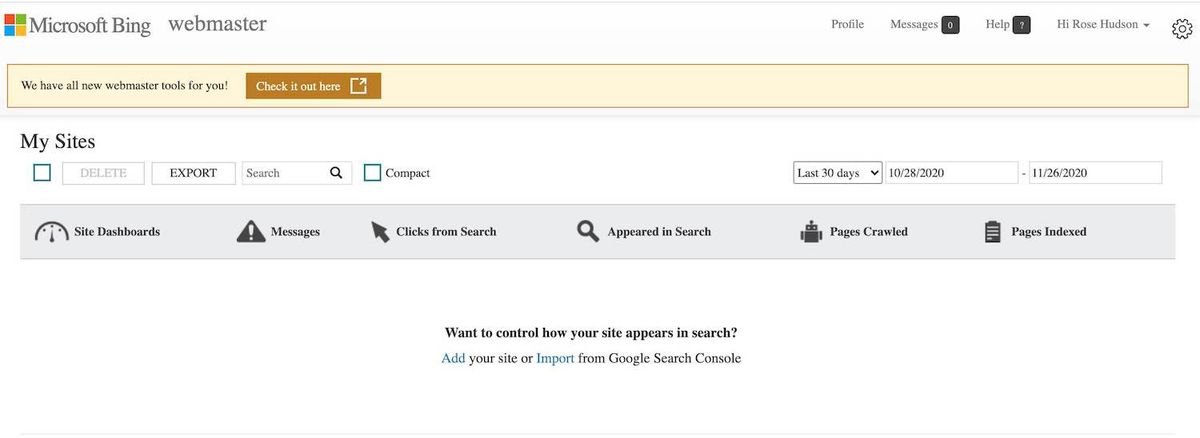 Screenshot della dashboard di Bing Webmaster Tools