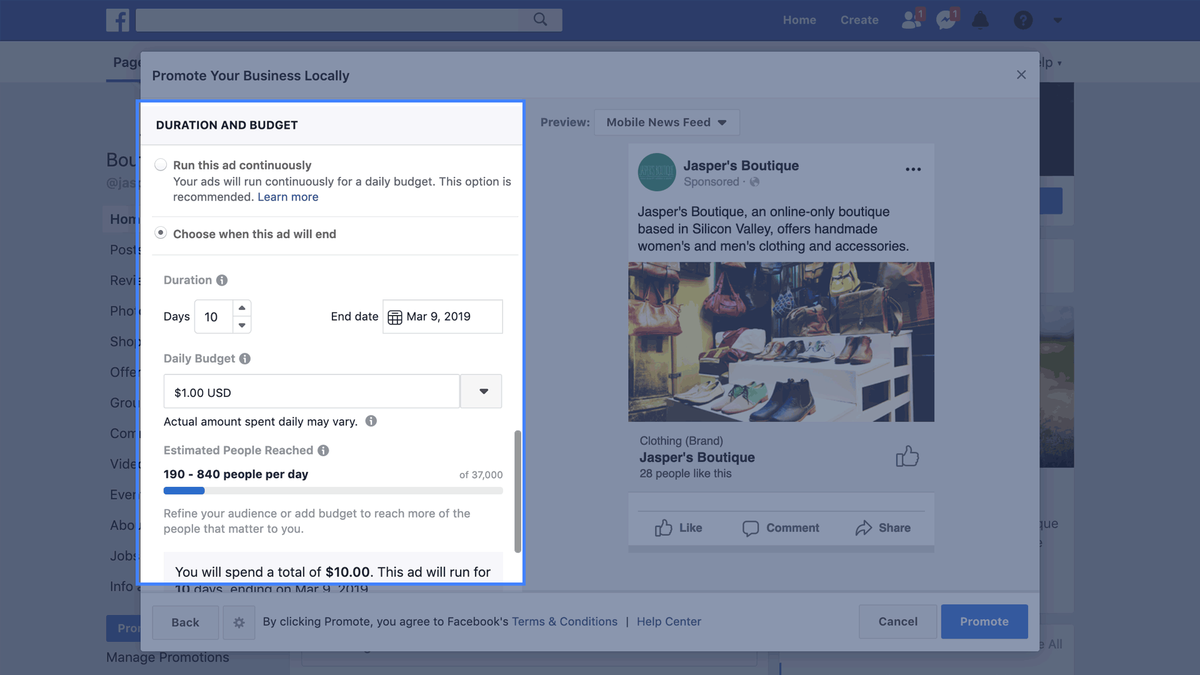 budget e offerte di Facebook