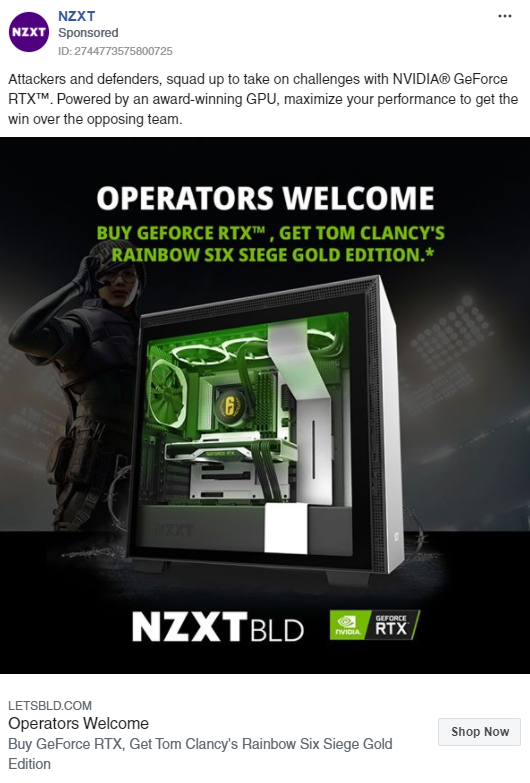 esempio di pubblicità sui social media nzxt