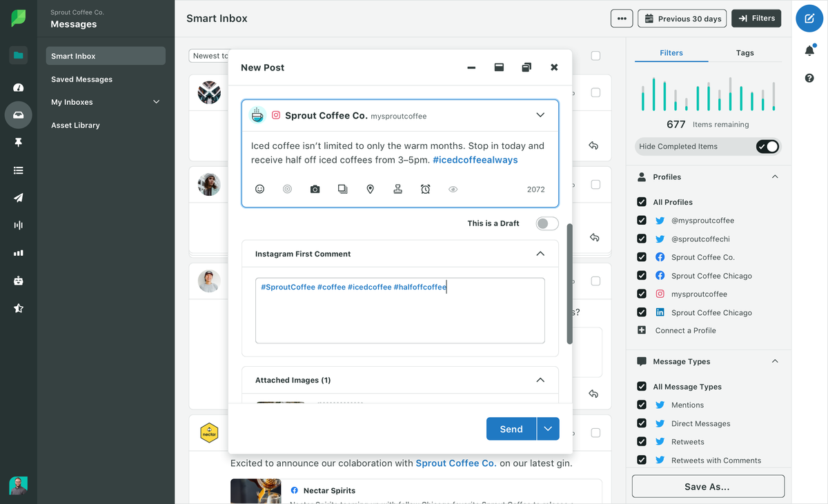 Sprout - pubblica con il primo commento di Instagram