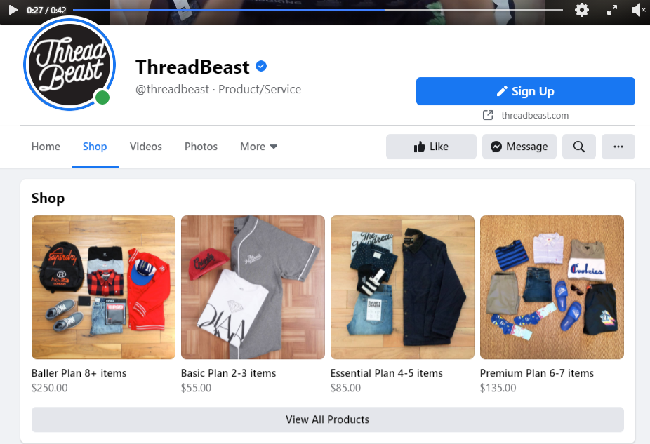 Facebook Shop pro ThredBeast zobrazující čtyři různé oblečení s cenami
