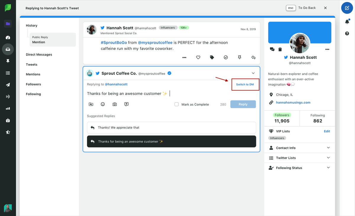 Passare ai DM di Twitter è facile tramite Sprout Dashboard