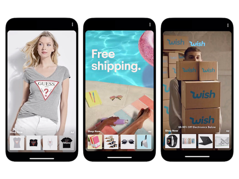 Tři příklady reklam Snapchat Carousel