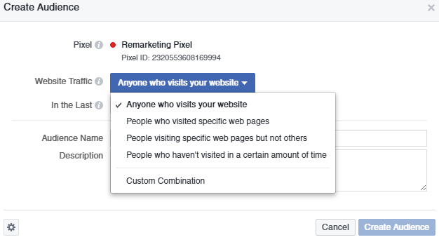 Menu a discesa del traffico del sito Web in Facebook Pixel
