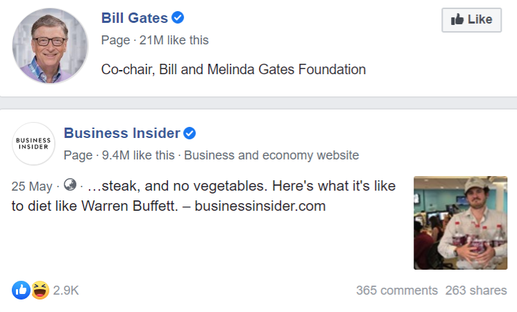 Patvirtintų „Facebook“ puslapių su mėlynomis žymomis „Bill Gates“ ir „Business Insider“ pavyzdžiai