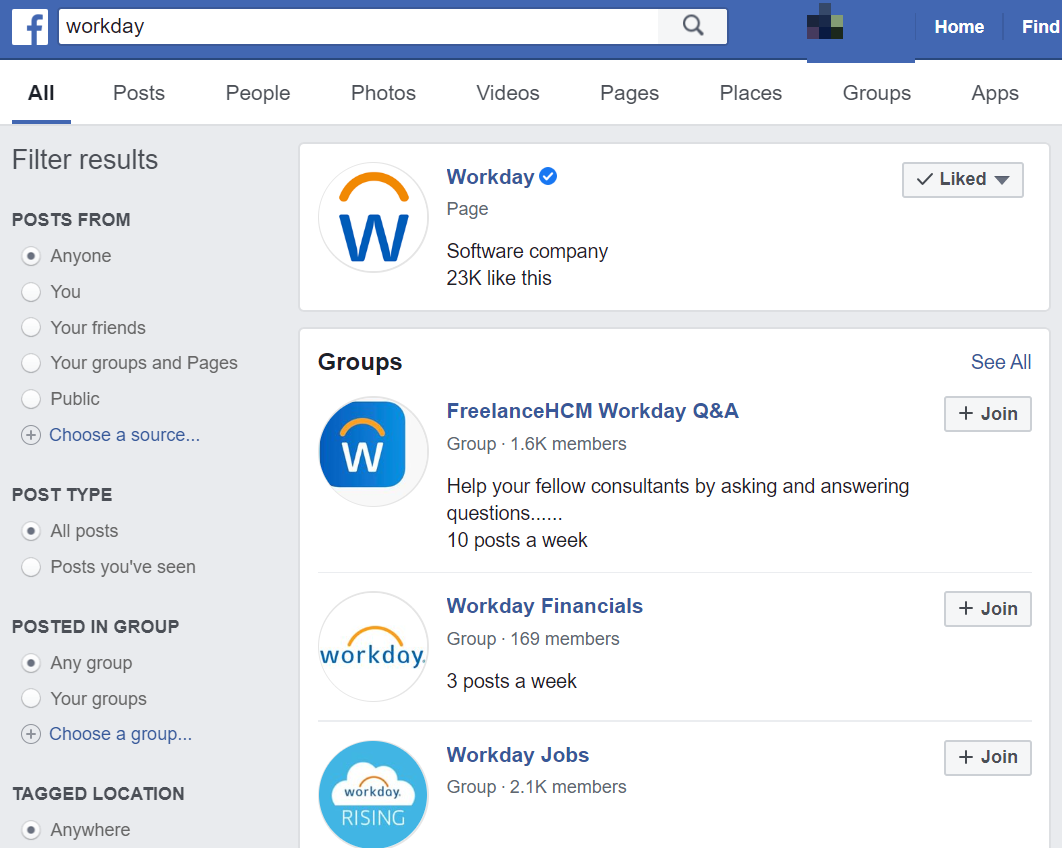 „Facebook“ paieškos rezultatas, kuriame rodomas patvirtintas „Workday“ puslapis