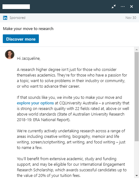 Reklama na zprávu LinkedIn InMail
