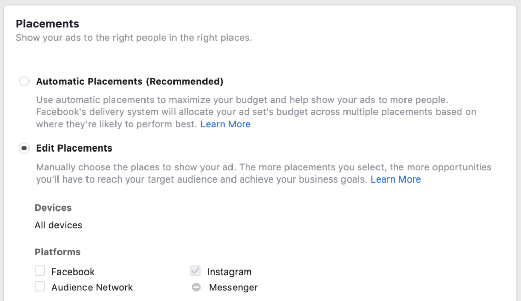 pubblicità Instagram: scegli i posizionamenti degli annunci