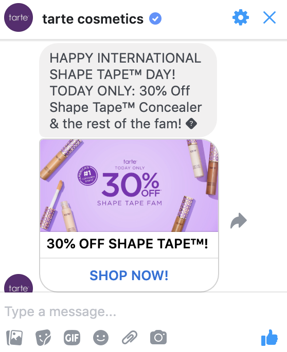 Reklama Facebook Messenger od společnosti Tarte Cosmetics byla odeslána přímo do doručené pošty uživatele