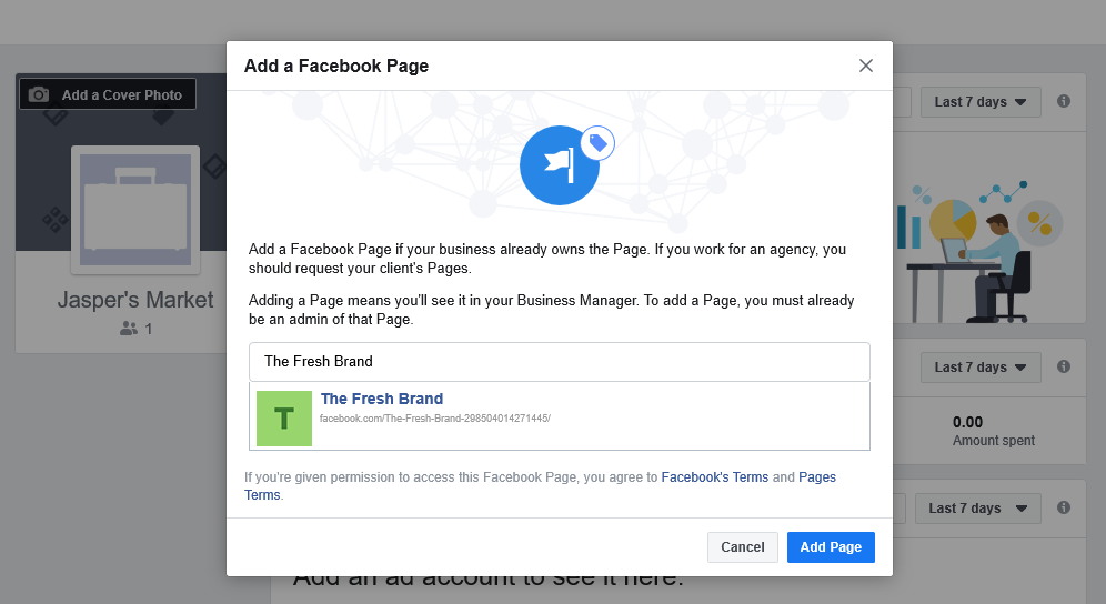добавяне на прозорец на страница във facebook бизнес мениджър