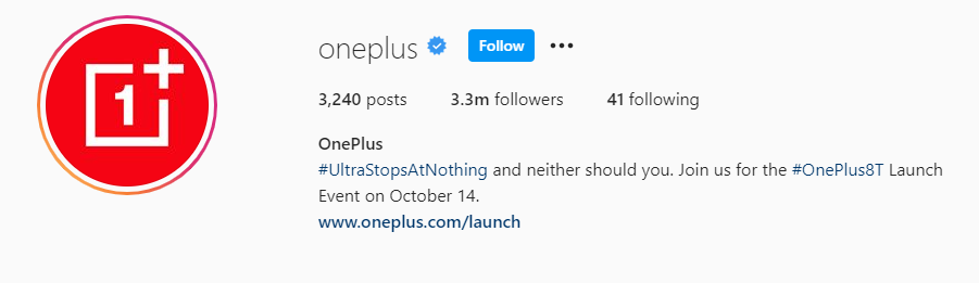 Instagram bio pro OnePlus s hashtagem pro nový model oneplus 8t