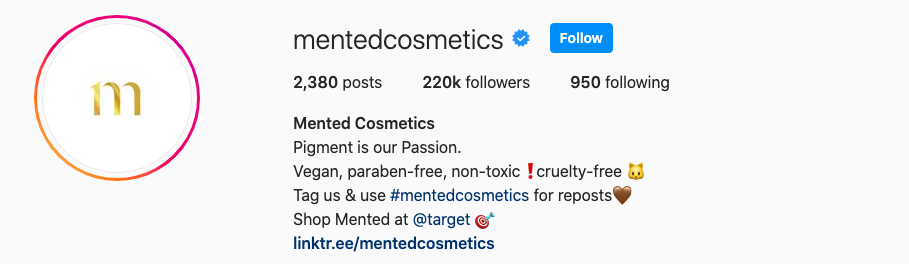 mentovaná kosmetika IG bio zobrazující URL linktree