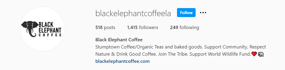 Instagram bio pro Black Elephant Coffee představující značku