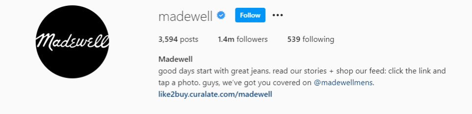 Instagram bio pro Madewell s odkazem na jejich Instagramovou rukojeť pro muže