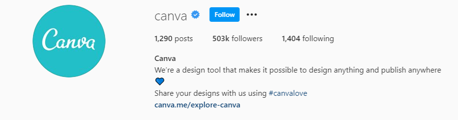 Instagram bio pro Canvu povzbuzující lidi, aby přihlašovali své návrhy pomocí hashtagu #canvalove