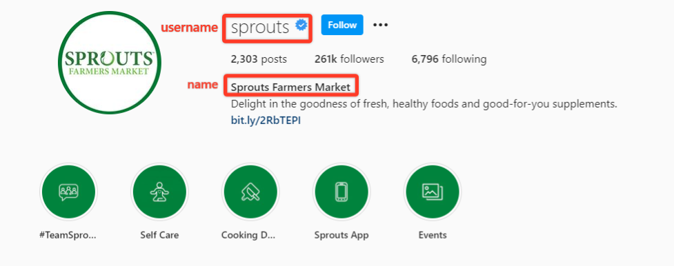Instagramové bio pro trh farmářů Sprouts zdůrazňující rozdíly v uživatelském jménu a jménu