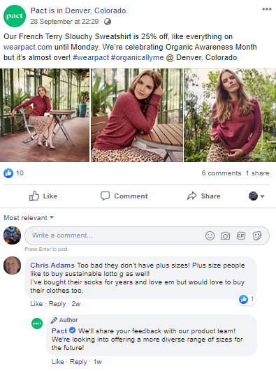 comentari del client sobre la publicació de Pact a Facebook