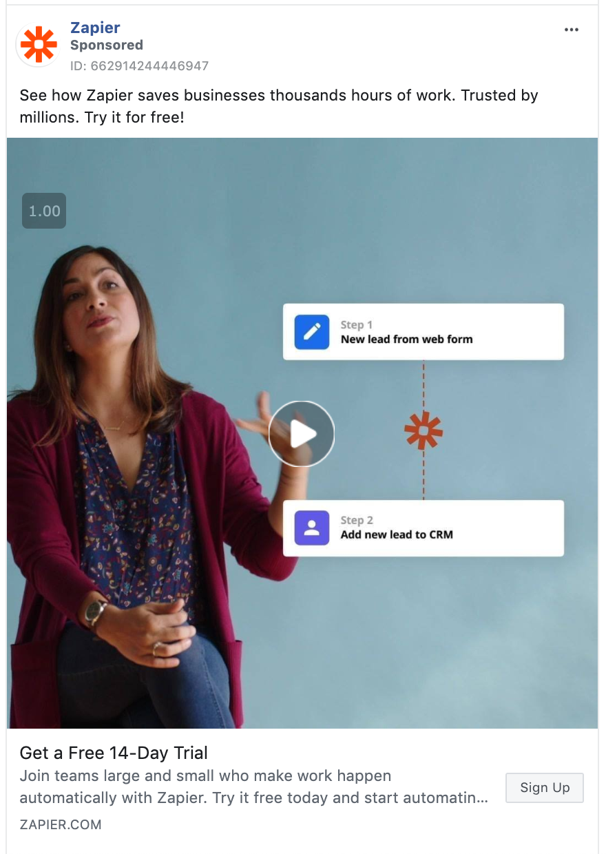 Posnetek zaslona video oglasa Zapier, ki promovira njihovo brezplačno preskusno različico.