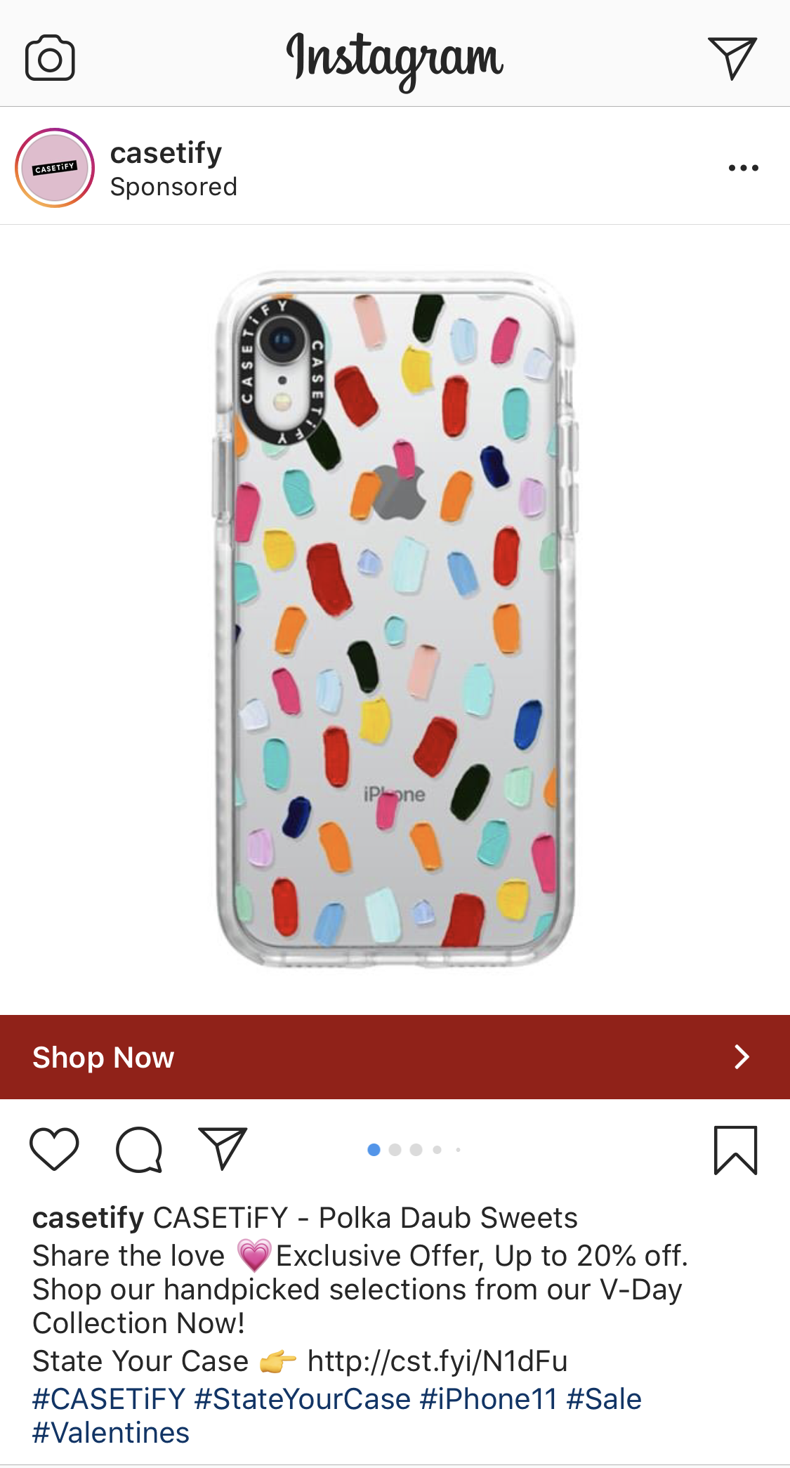 Posnetek zaslona oglasa Casetify Instagram, ki ponuja Valentinovo