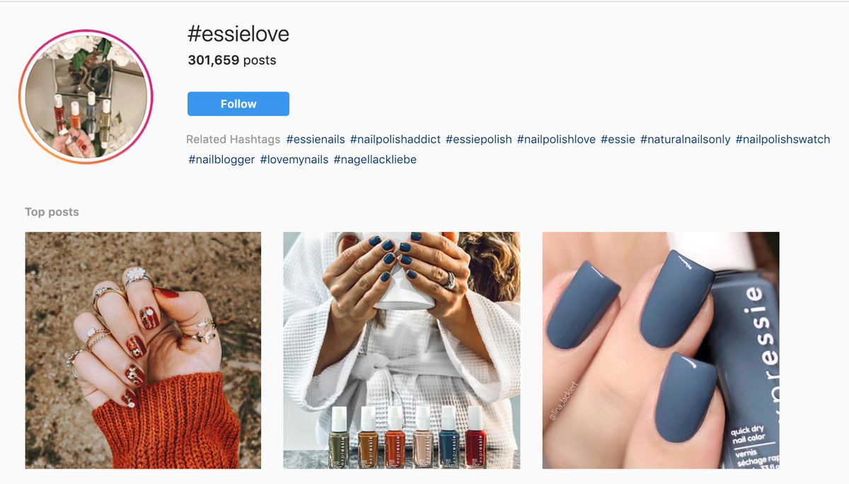Posnetek zaslona hashtaga #essielove na Instagramu, na katerem je na tisoče slik strank, ki uporabljajo lak za nohte Essie.