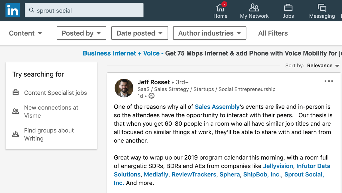 ricerca linkedin per menzioni sociali di sprout