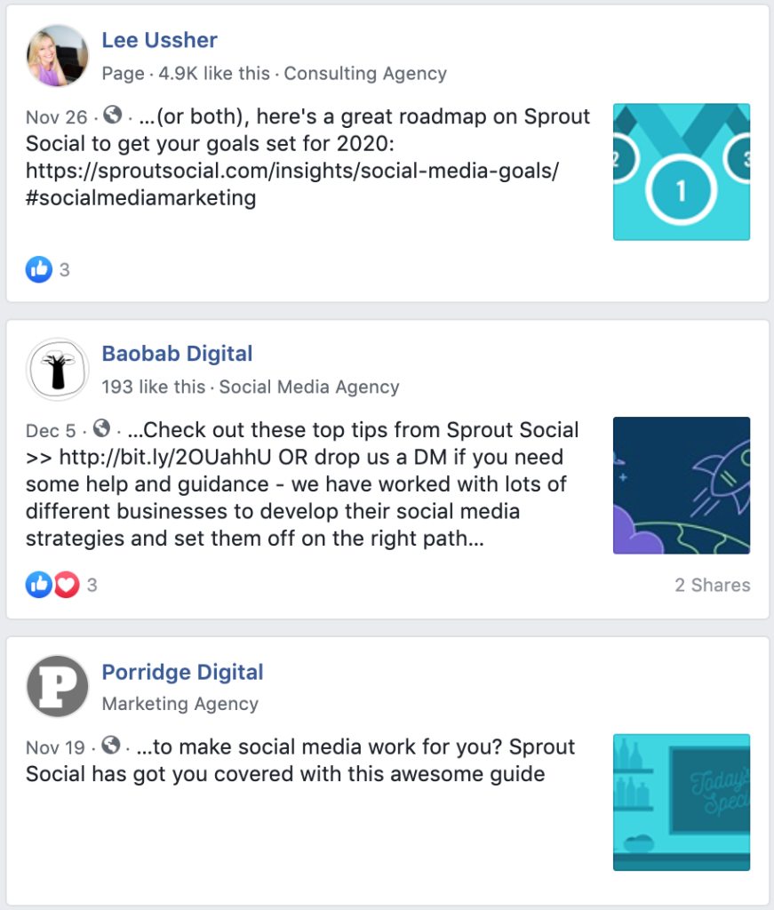 post pubblici con menzioni social di marca su sprout social su Facebook