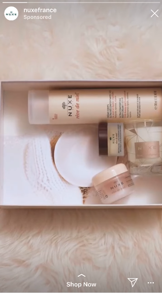 NUXE France Instagram Stories reklamy zobrazující značkové produkty