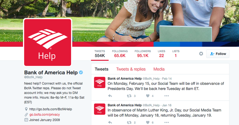 storitve za stranke Bank of america prek twitterja