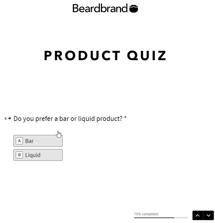 Z našich příkladů interaktivních vstupních stránek tento od Beardbrand také personalizuje doporučení produktů