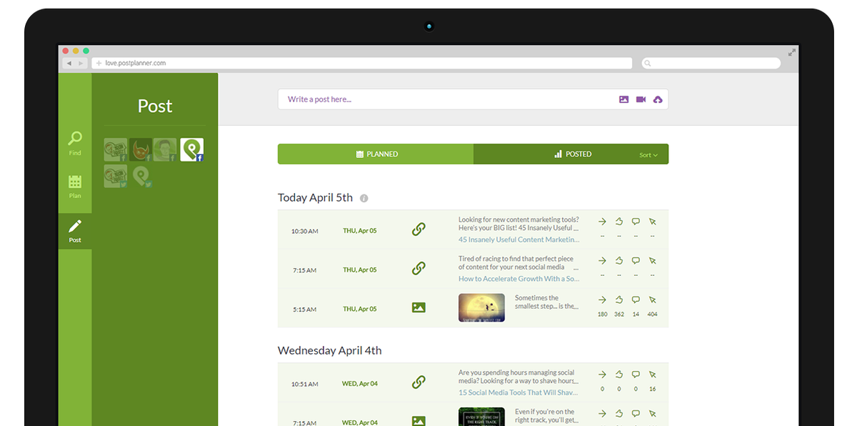 Post Planner consente agli utenti di alternare tra i post pianificati e i contenuti pubblicati
