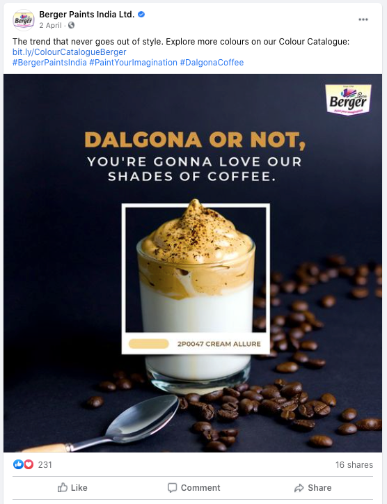 berger paints uporablja trend kave dalgona v družbenih vsebinah