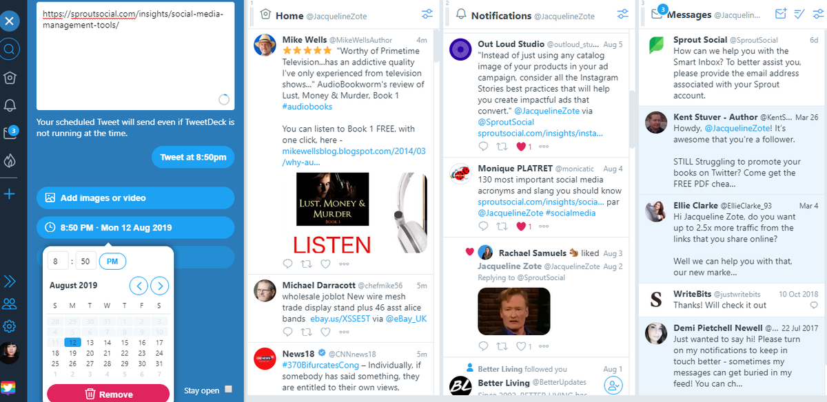 dashboard di tweetdeck che mostra home, notifiche e colonne dei messaggi