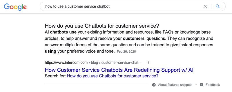 esempio di risultati di ricerca del chatbot del servizio clienti