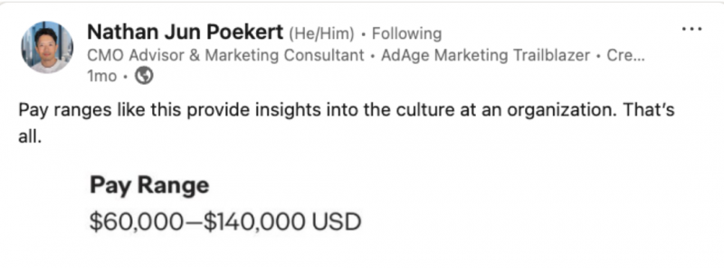   Una publicación de LinkedIn de un creador que señala un rango salarial de entre $ 60 000 y $ 140 000 y comenta que proporciona información sobre la cultura de una organización.