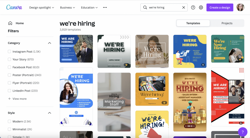 Снимак екрана претраге у Цанви за „Ми're Hiring" social media post templates.