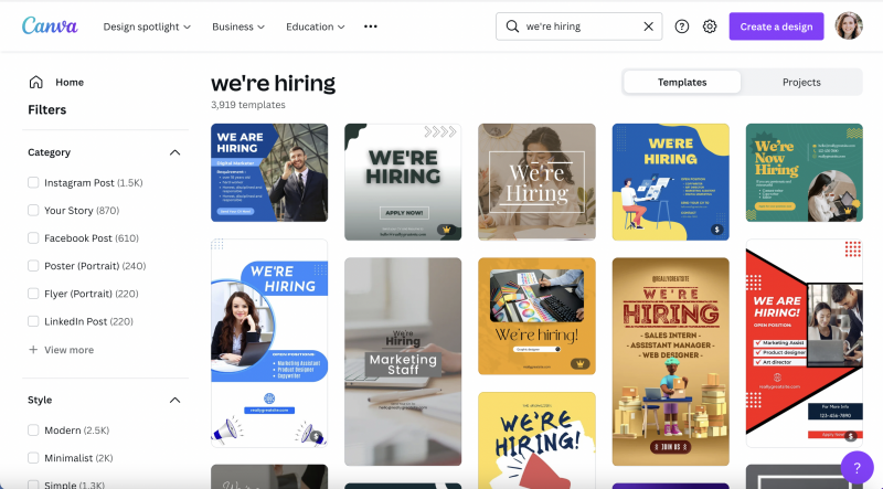   Екранна снимка на търсене в Canva за „Ние're Hiring" social media post templates.