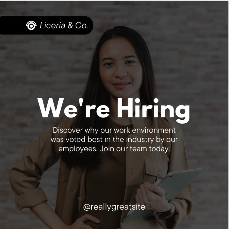   Пример шаблона слике друштвених медија који гласи „Ми're Hiring. Discover why our work environment was voted best in the industry by our employees. Join our team today." The background image is a young, professional woman standing against a stone wall.