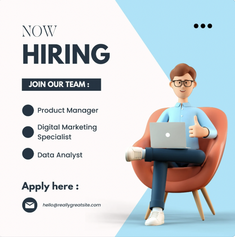   Шаблон слике друштвених медија који чита"Now Hiring, Join our Team." The graphic lists available positions and gives application instructions. The image is of a 3-D illustrated professional man sitting in an office chair working at his laptop and smiling. 