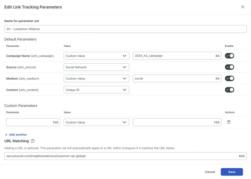   Un tablero de tablero dentro de la plataforma Sprout donde puede editar los parámetros de seguimiento de enlaces.