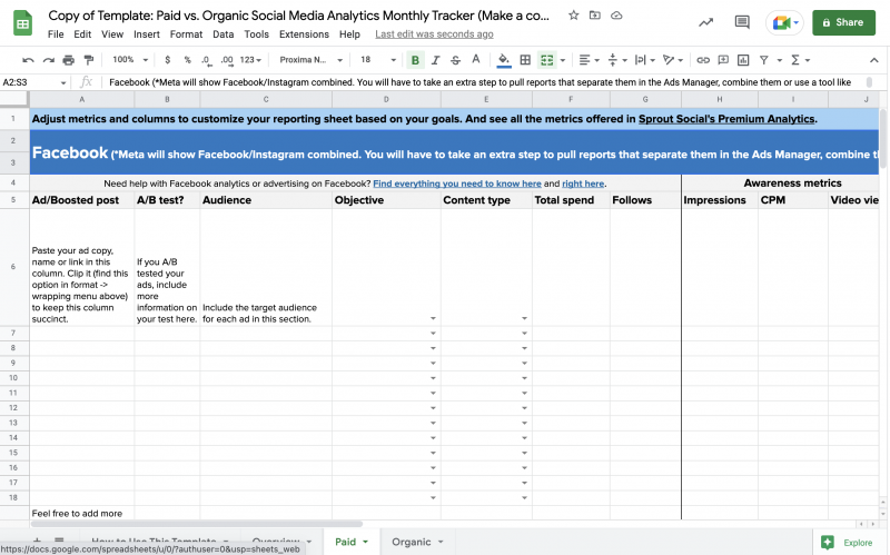 Capture d'écran de l'onglet Payé du modèle Sprout Social, Payé contre Organic Social Media Analytics Monthly Tracker