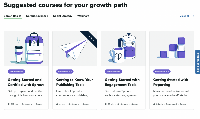 Une capture d'écran des différents cours que vous pouvez suivre sur le portail d'apprentissage Sprout, y compris l'obtention de la certification Sprout, la découverte des outils de publication Sprout et bien plus encore.